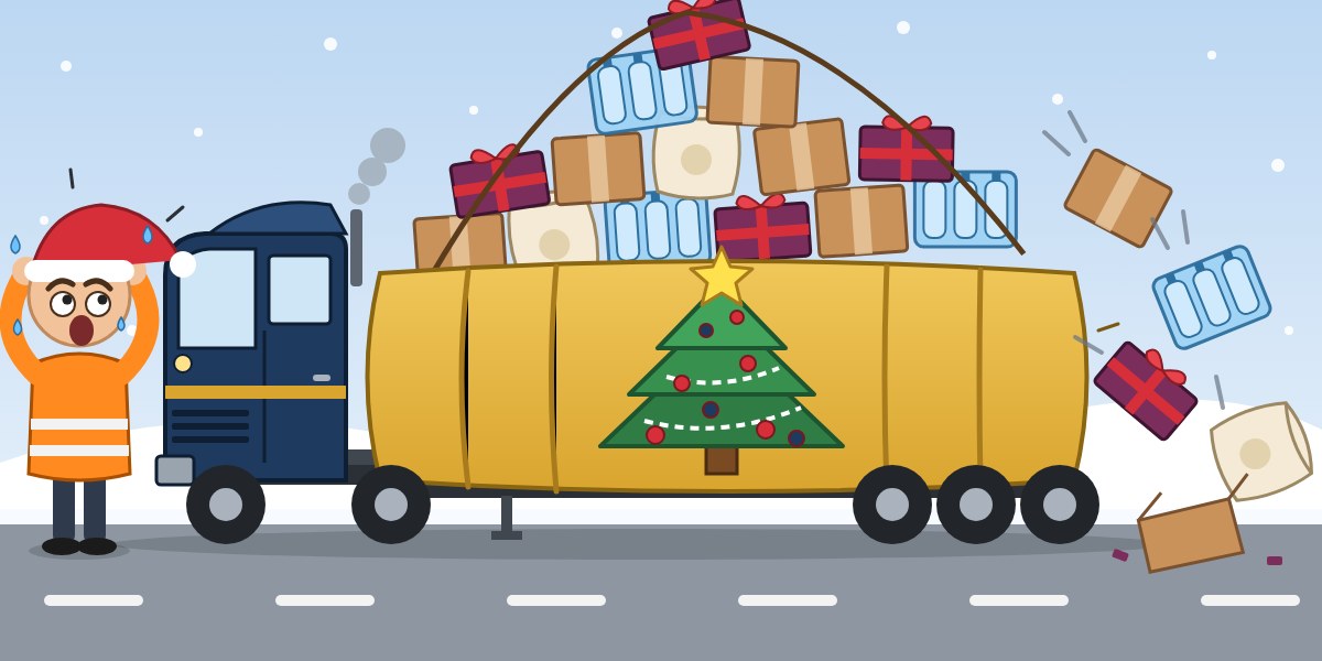 Overloaded Christmas truck losing boxes, with a worried driver
